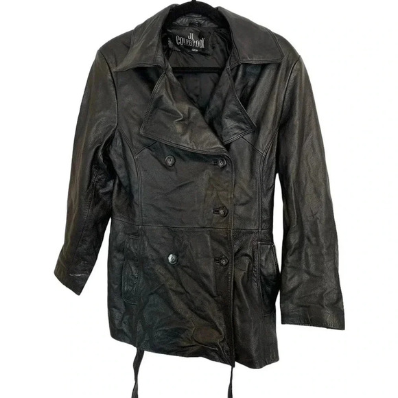 Jl colebrook black leather double breasted coat small belted button collared - Picture 1 of 3